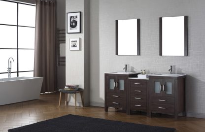 Dior 66" Double Bath Vanity in Espresso with White Ceramic Top and Integrated Square Sinks with Brushed Nickel Faucets with Matching Mirror
