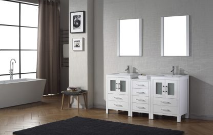 Dior 66" Double Bath Vanity in White with White Ceramic Top and Integrated Square Sinks with Brushed Nickel Faucets with Matching Mirror