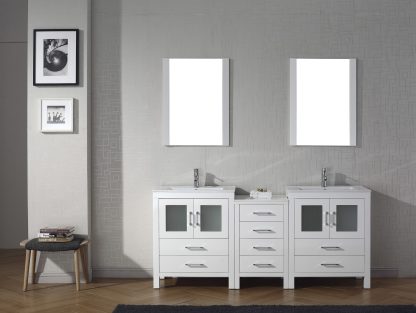 Dior 74" Double Bath Vanity in White with White Ceramic Top and Integrated Square Sinks with Polished Chrome Faucets with Matching Mirror