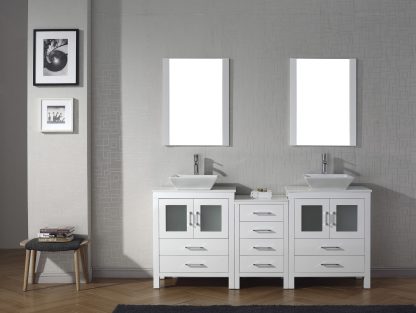 Dior 74" Double Bath Vanity in White with White Engineered Stone Top and Square Sinks with Polished Chrome Faucets with Matching Mirror
