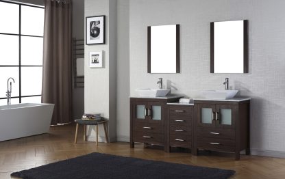Dior 74" Double Bath Vanity in Espresso with White Marble Top and Square Sinks with Polished Chrome Faucets with Matching Mirror