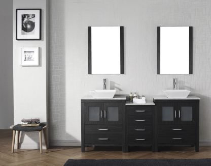 Dior 74" Double Bath Vanity in Zebra Gray with White Marble Top and Square Sinks with Polished Chrome Faucets with Matching Mirror