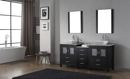 Dior 74" Double Bath Vanity in Zebra Gray with White Marble Top and Square Sinks with Brushed Nickel Faucets with Matching Mirror