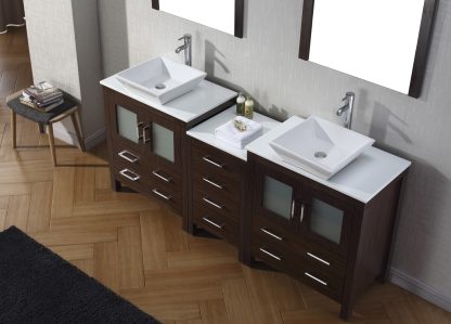 Dior 78" Double Bath Vanity in Espresso with White Engineered Stone Top and Square Sinks with Polished Chrome Faucets with Matching Mirror