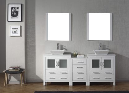 Dior 78" Double Bath Vanity in White with White Engineered Stone Top and Square Sinks with Polished Chrome Faucets with Matching Mirror