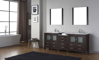 Dior 82" Double Bath Vanity in Espresso with White Ceramic Top and Integrated Square Sinks with Polished Chrome Faucets with Matching Mirror