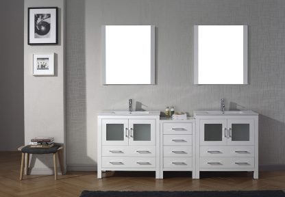Dior 82" Double Bath Vanity in White with White Ceramic Top and Integrated Square Sinks with Polished Chrome Faucets with Matching Mirror