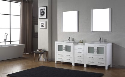 Dior 82" Double Bath Vanity in White with White Ceramic Top and Integrated Square Sinks with Polished Chrome Faucets with Matching Mirror