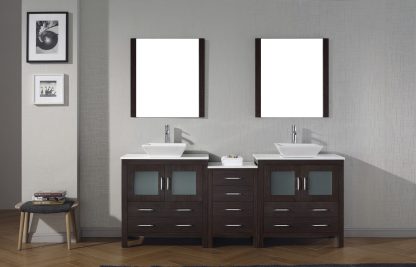 Dior 82" Double Bath Vanity in Espresso with White Engineered Stone Top and Square Sinks with Brushed Nickel Faucets with Matching Mirror