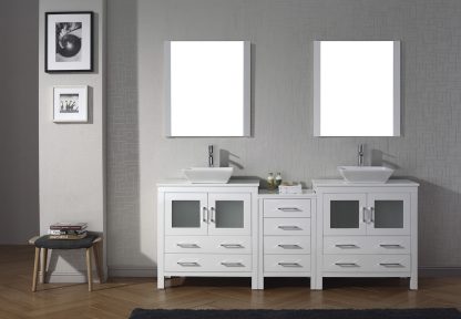 Dior 82" Double Bath Vanity in White with White Engineered Stone Top and Square Sinks with Polished Chrome Faucets with Matching Mirror