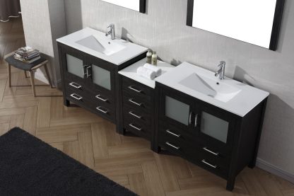 Dior 90" Double Bath Vanity in Zebra Gray with White Ceramic Top and Integrated Square Sinks with Polished Chrome Faucets with Matching Mirror