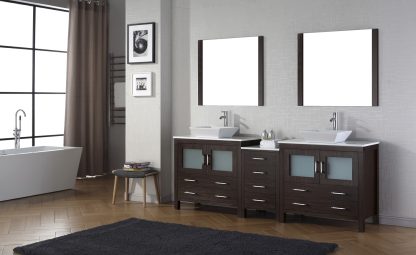 Dior 90" Double Bath Vanity in Espresso with White Engineered Stone Top and Square Sinks with Brushed Nickel Faucets with Matching Mirror