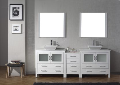 Dior 90" Double Bath Vanity in White with White Engineered Stone Top and Square Sinks with Polished Chrome Faucets with Matching Mirror