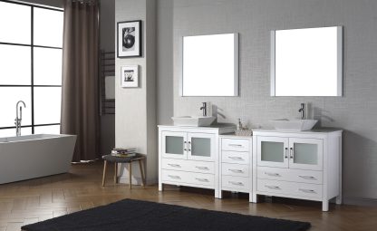 Dior 90" Double Bath Vanity in White with White Engineered Stone Top and Square Sinks with Polished Chrome Faucets with Matching Mirror