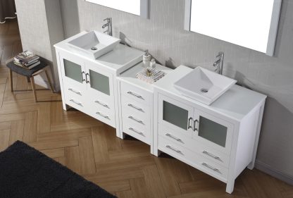 Dior 90" Double Bath Vanity in White with White Engineered Stone Top and Square Sinks with Brushed Nickel Faucets with Matching Mirror