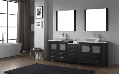 Dior 90" Double Bath Vanity in Zebra Gray with White Engineered Stone Top and Square Sinks with Brushed Nickel Faucets with Matching Mirror