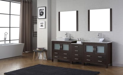 Dior 90" Double Bath Vanity in Espresso with White Marble Top and Square Sinks with Brushed Nickel Faucets with Matching Mirror
