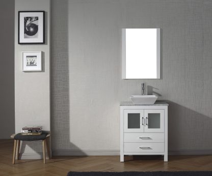Dior 24" Single Bath Vanity in White with White Marble Top and Square Sink with Brushed Nickel Faucet with Matching Mirror