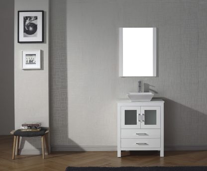 Dior 28" Single Bath Vanity in White with White Engineered Stone Top and Square Sink with Brushed Nickel Faucet with Matching Mirror