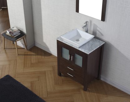 Dior 28" Single Bath Vanity in Espresso with White Marble Top and Square Sink with Brushed Nickel Faucet with Matching Mirror