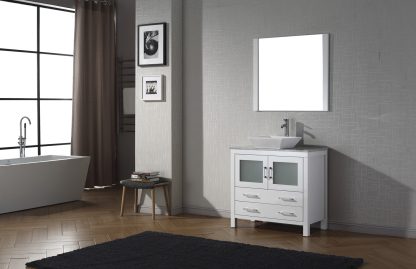 Dior 30" Single Bath Vanity in White with White Marble Top and Square Sink with Brushed Nickel Faucet with Matching Mirror