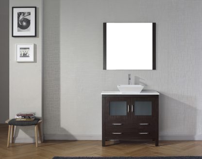 Dior 36" Single Bath Vanity in Espresso with White Engineered Stone Top and Square Sink with Brushed Nickel Faucet with Matching Mirror