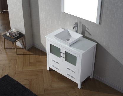 Dior 36" Single Bath Vanity in White with White Engineered Stone Top and Square Sink with Brushed Nickel Faucet with Matching Mirror