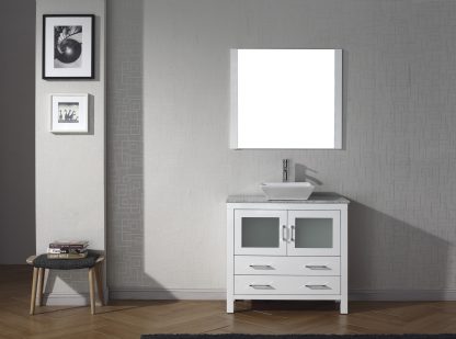 Dior 36" Single Bath Vanity in White with White Marble Top and Square Sink with Brushed Nickel Faucet with Matching Mirror