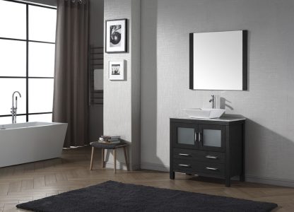 Dior 36" Single Bath Vanity in Zebra Gray with White Marble Top and Square Sink with Brushed Nickel Faucet with Matching Mirror