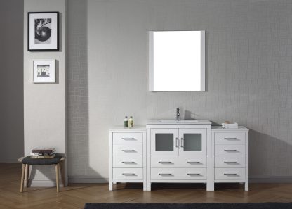 Dior 66" Single Bath Vanity in White with White Ceramic Top and Integrated Square Sink with Brushed Nickel Faucet with Matching Mirror