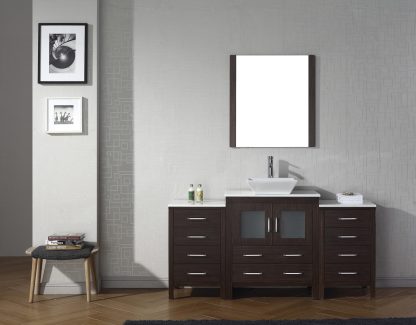 Dior 66" Single Bath Vanity in Espresso with White Engineered Stone Top and Square Sink with Matching Mirror
