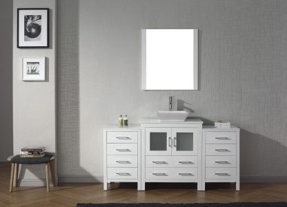 Dior 66" Single Bath Vanity in White with White Engineered Stone Top and Square Sink with Brushed Nickel Faucet with Matching Mirror