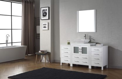 Dior 66" Single Bath Vanity in White with White Engineered Stone Top and Square Sink with Brushed Nickel Faucet with Matching Mirror
