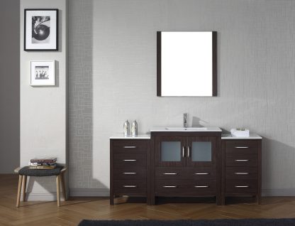 Dior 68" Single Bath Vanity in Espresso with White Ceramic Top and Integrated Square Sink with Brushed Nickel Faucet with Matching Mirror