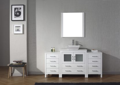 Dior 68" Single Bath Vanity in White with White Engineered Stone Top and Square Sink with Brushed Nickel Faucet with Matching Mirror