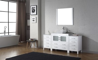 Dior 68" Single Bath Vanity in White with White Marble Top and Square Sink with Brushed Nickel Faucet with Matching Mirror