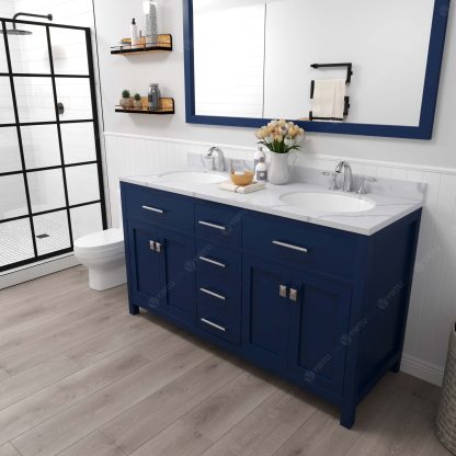 Caroline 60" Double Bath Vanity in French Blue with Calacatta Quartz Top and Round Sinks with Matching Mirror