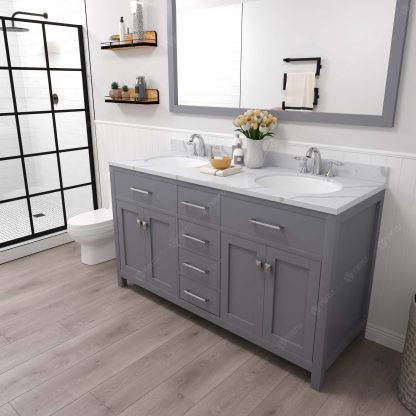 Caroline 60" Double Bath Vanity in Gray with Calacatta Quartz Top and Round Sinks with Polished Chrome Faucets with Matching Mirror