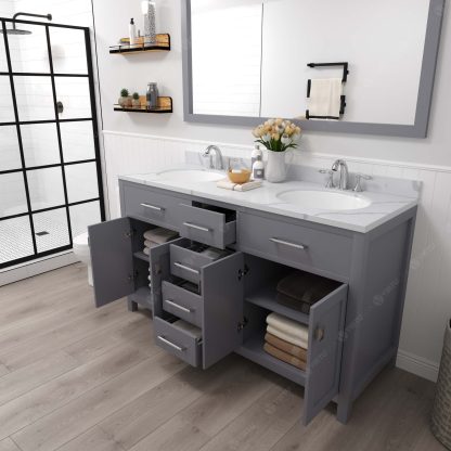 Caroline 60" Double Bath Vanity in Gray with Calacatta Quartz Top and Round Sinks with Brushed Nickel Faucets with Matching Mirror