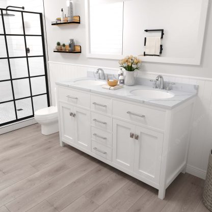 Caroline 60" Double Bath Vanity in White with Calacatta Quartz Top and Round Sinks with Brushed Nickel Faucets with Matching Mirror