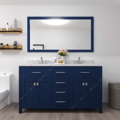 Caroline 60" Double Bath Vanity in French Blue with Calacatta Quartz Top and Square Sinks with Matching Mirror