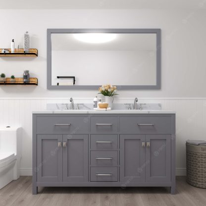 Caroline 60" Double Bath Vanity in Gray with Calacatta Quartz Top and Square Sinks with Brushed Nickel Faucets with Matching Mirror