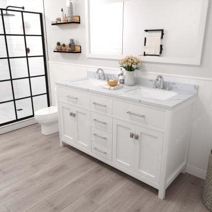 Caroline 60" Double Bath Vanity in White with Calacatta Quartz Top and Square Sinks with Matching Mirror