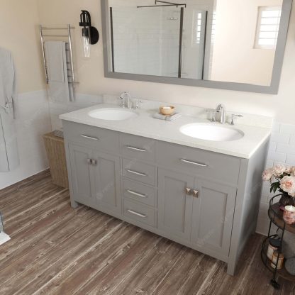 Caroline 60" Double Bath Vanity in Cashmere Gray with Dazzle White Quartz Top and Round Sinks with Polished Chrome Faucets with Matching Mirror