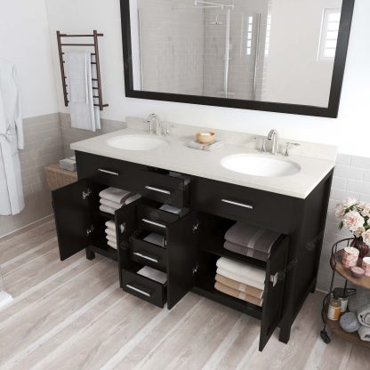 Caroline 60" Double Bath Vanity in Espresso with Dazzle White Quartz Top and Round Sinks with Brushed Nickel Faucets with Matching Mirror