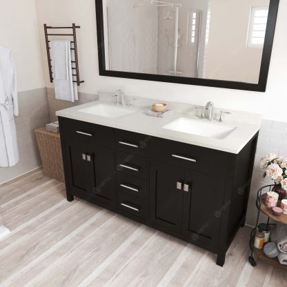 Caroline 60" Double Bath Vanity in Espresso with Dazzle White Quartz Top and Square Sinks with Matching Mirror