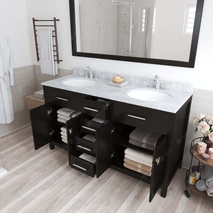 Caroline 60" Double Bath Vanity in Espresso with White Marble Top and Round Sinks with Brushed Nickel Faucets with Matching Mirror