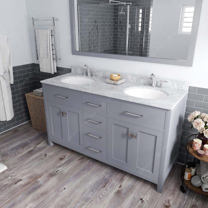 Caroline 60" Double Bath Vanity in Gray with White Marble Top and Round Sinks with Brushed Nickel Faucets with Matching Mirror