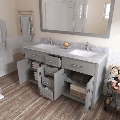 Caroline 60" Double Bath Vanity in Cashmere Gray with White Marble Top and Square Sinks with Matching Mirror