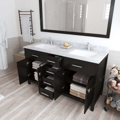 Caroline 60" Double Bath Vanity in Espresso with White Marble Top and Square Sinks with Polished Chrome Faucets with Matching Mirror